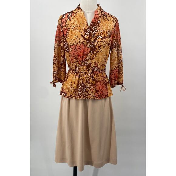 Vintage 70s Floral Print Dress Layered Peplum Bodice Fit & Flare Blouson XS - Picture 2 of 10